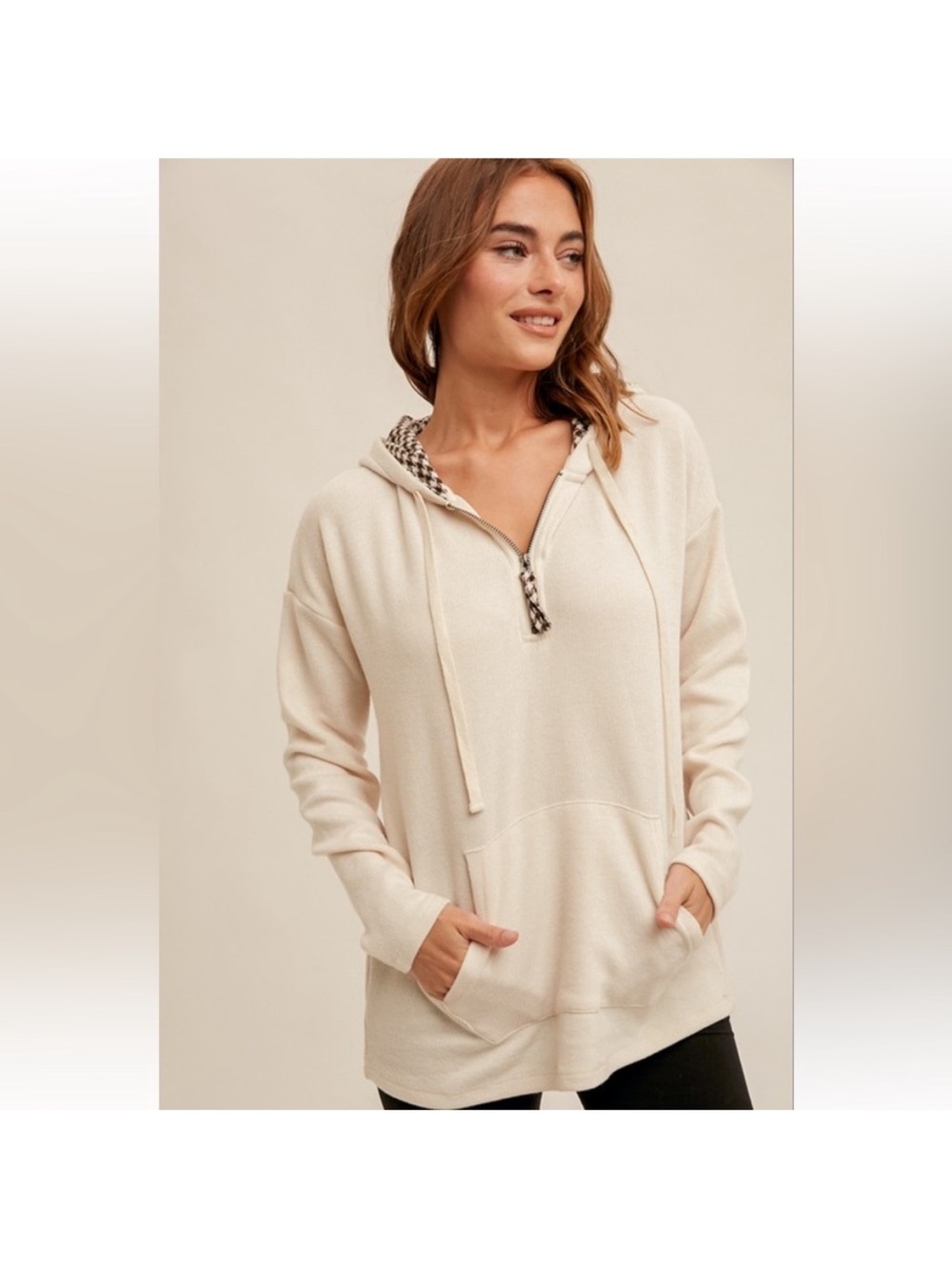 Hem & Thread Cream Hoodie with Gingham Hood Trim
